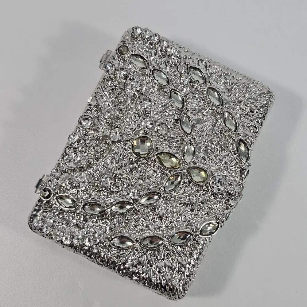 Silver Metal Rhinestone Trinket Box Ring Holder 3.5x2.5×1.5 Wedding Glam Bling